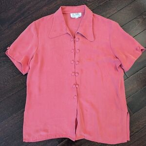 Vintage 70s 100% Silk Short Sleeve Double Button Up Blouse - Coral Pink